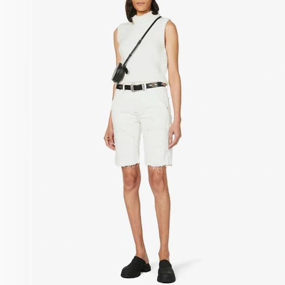 Frame Le Slouch Bermuda Distressed-Trim High-Rise Denim Shorts - Picture 1 of 9